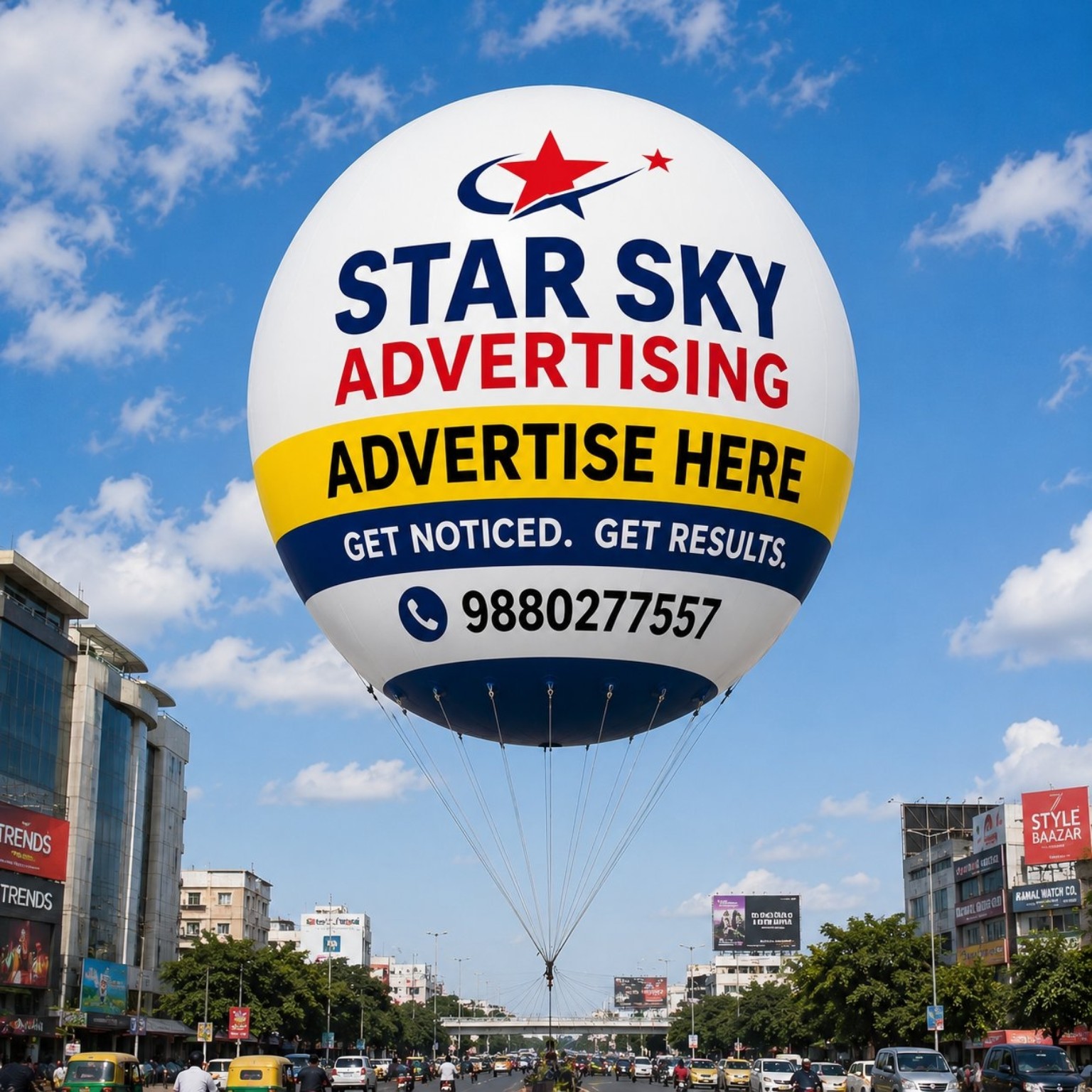 Star Sky Advertising branded sky balloon flying above a busy main road in Bangalore